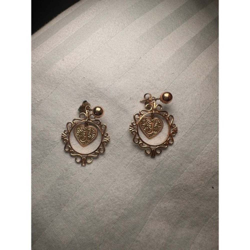 Vintage 14K Yellow Gold Heart Filigree Drop J Earrings 3.3g SL Hallmarked